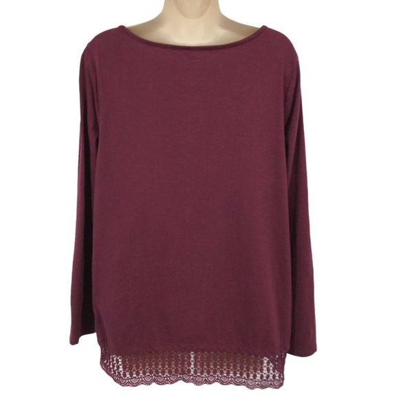 Dip Womens Long Sleeves Crocheted Hem Pullover Burgundy Blouse Top Size Large - Picture 2 of 6